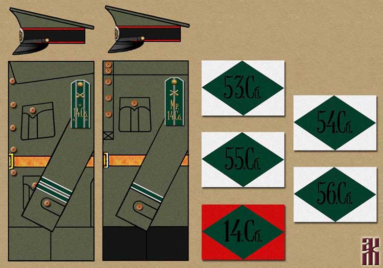 uniform amd flags for the 14th Siberian Rifle Division in the Russian Civil War